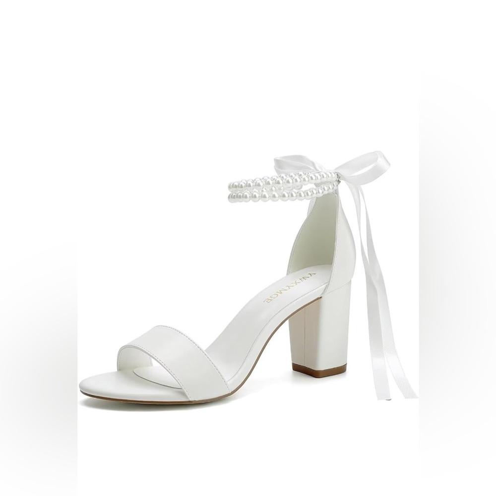 Bridal Block Heels with Pearl Straps and Bow Detail
